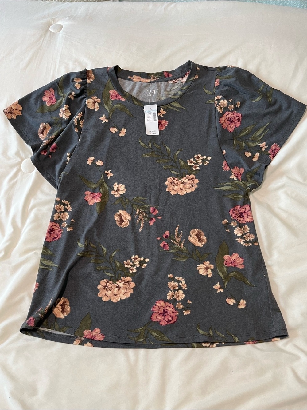 Maurices Slate Floral Blouse with Pink/Coral Accents NWT Size Small